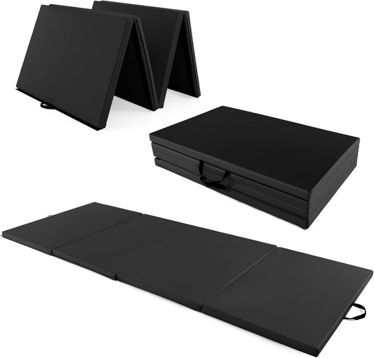 4'X10'X 2" Gymnastics Mat, 4-Panel Folding Aerobics Exercise Mat W/Hook & Loop Fastener, Carrying Handle, Portable Tumbling Mat for Stretching Yoga Cheerleading Martial Arts