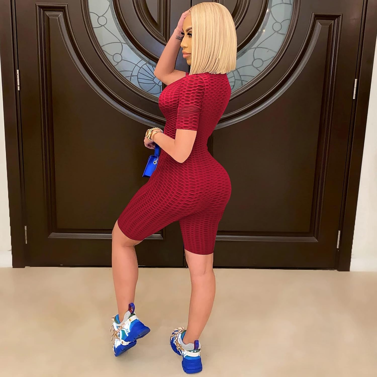 One Piece Outfits Deep V Neck with Zipper Texture Short Rompers Jumpsuits for Women Large Red