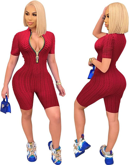 One Piece Outfits Deep V Neck with Zipper Texture Short Rompers Jumpsuits for Women Large Red