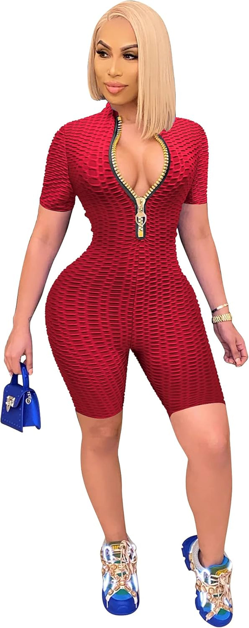 One Piece Outfits Deep V Neck with Zipper Texture Short Rompers Jumpsuits for Women Large Red