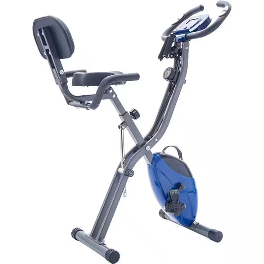 Blue Folding Exercise Bike, Fitness Upright and Recumbent X-Bike with 16-Level Adjustable Resistance